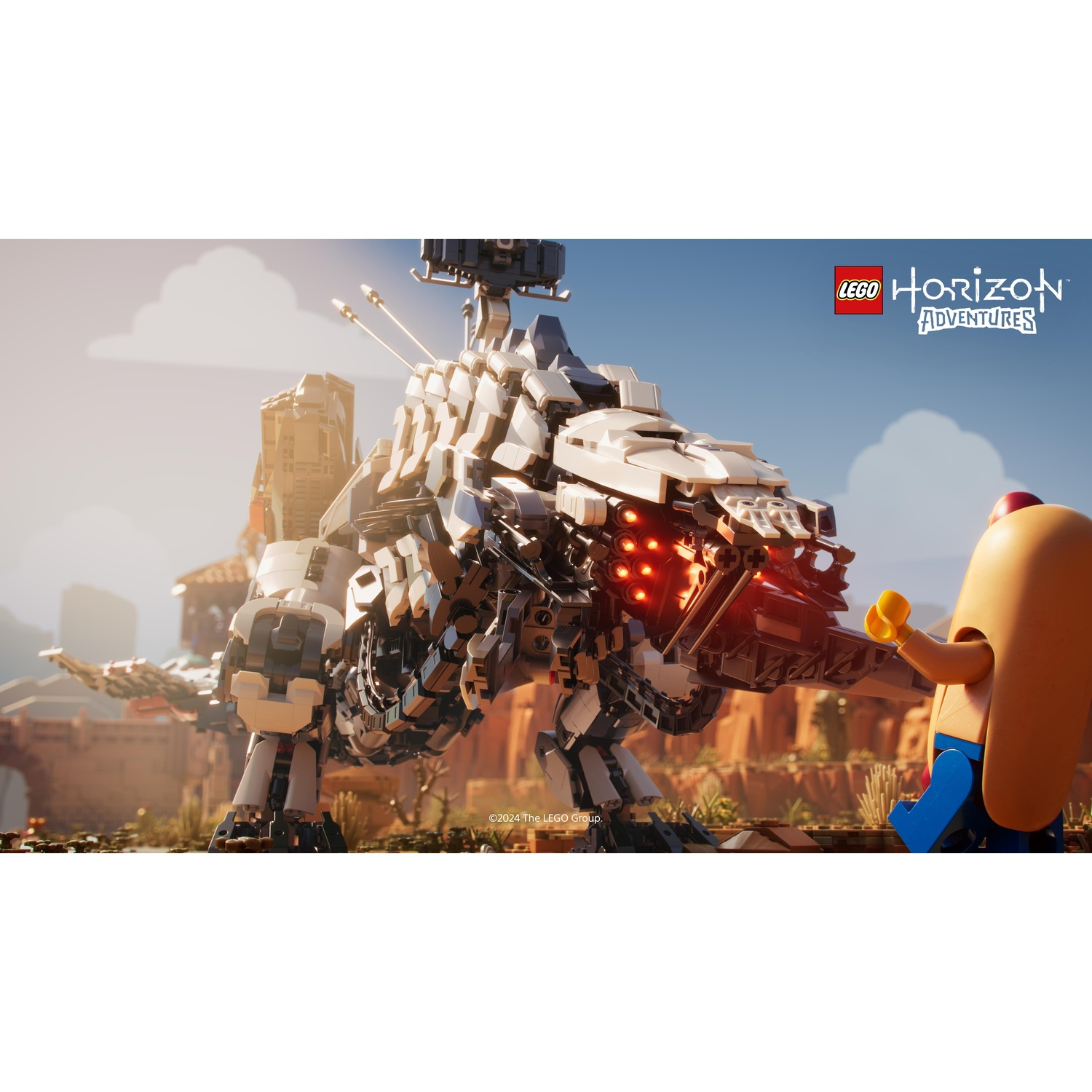 Lego Horizon Adventures scène: Lego robotdinosaurus tegenover een Lego hotdog.