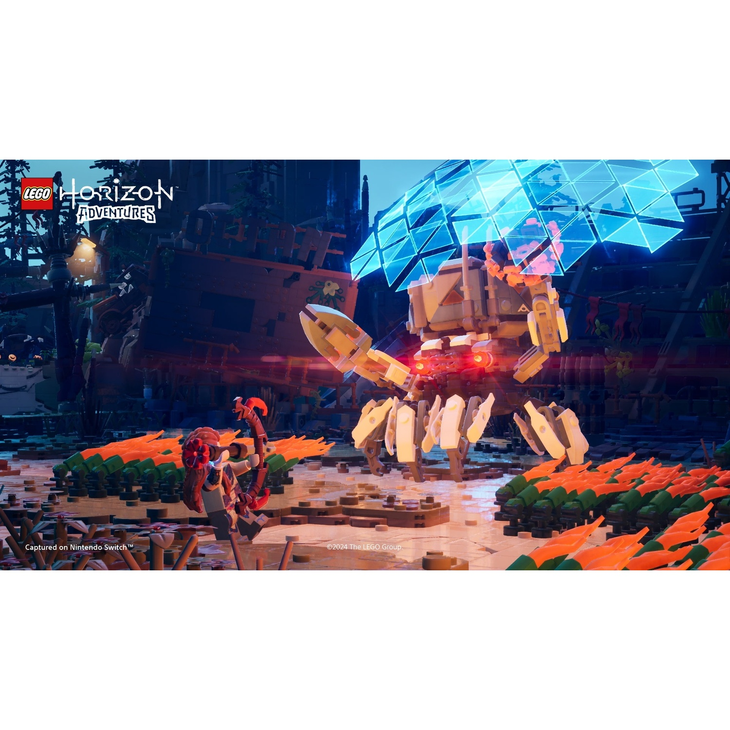Een Lego Horizon Adventures-scène met Lego-figuren en een grote robot in een bosrijke omgeving.