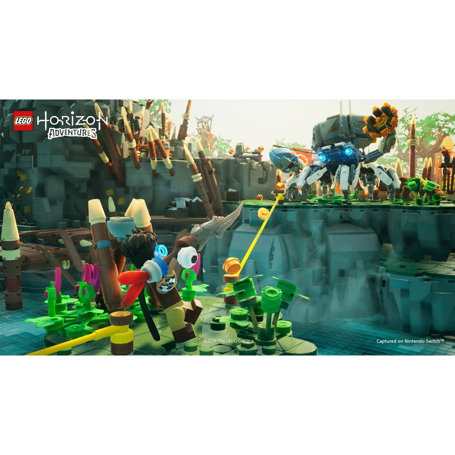 Lego Horizon Adventures game scene, met Lego figuren en een mechanisch wezen in een kleurrijke omgeving.