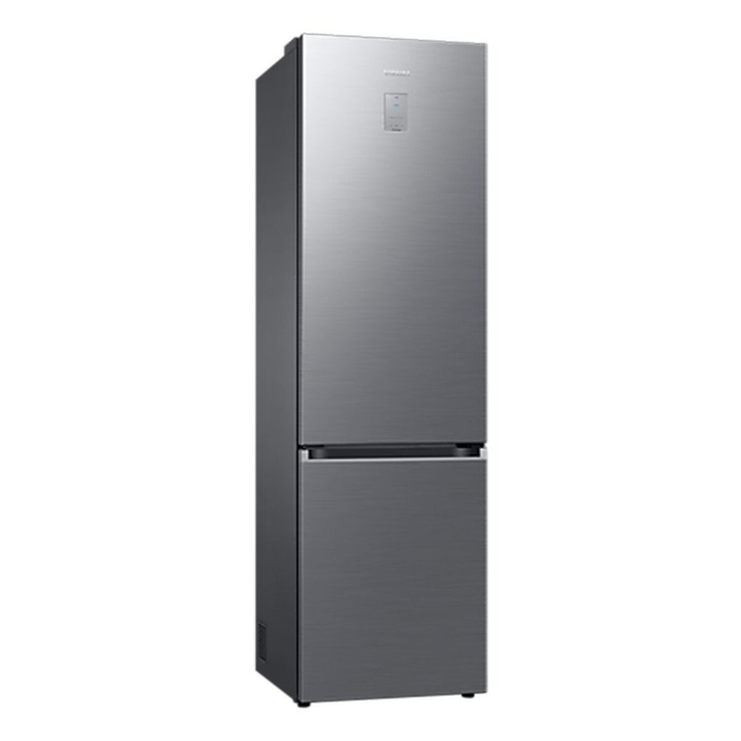 A full view of a silver refrigerator with two doors, standing against a white background.