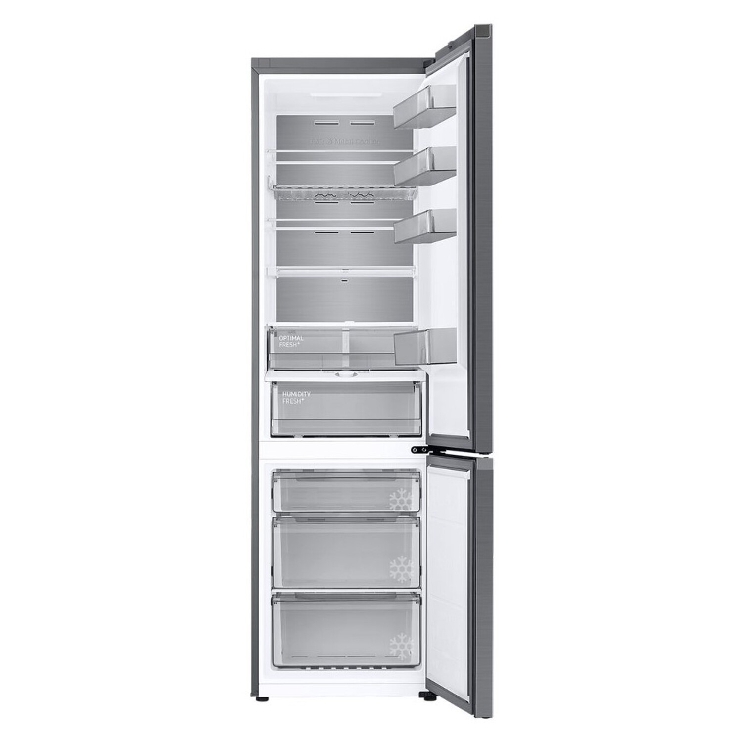 A refrigerator with open doors showing shelves and drawers. The interior contains food items.