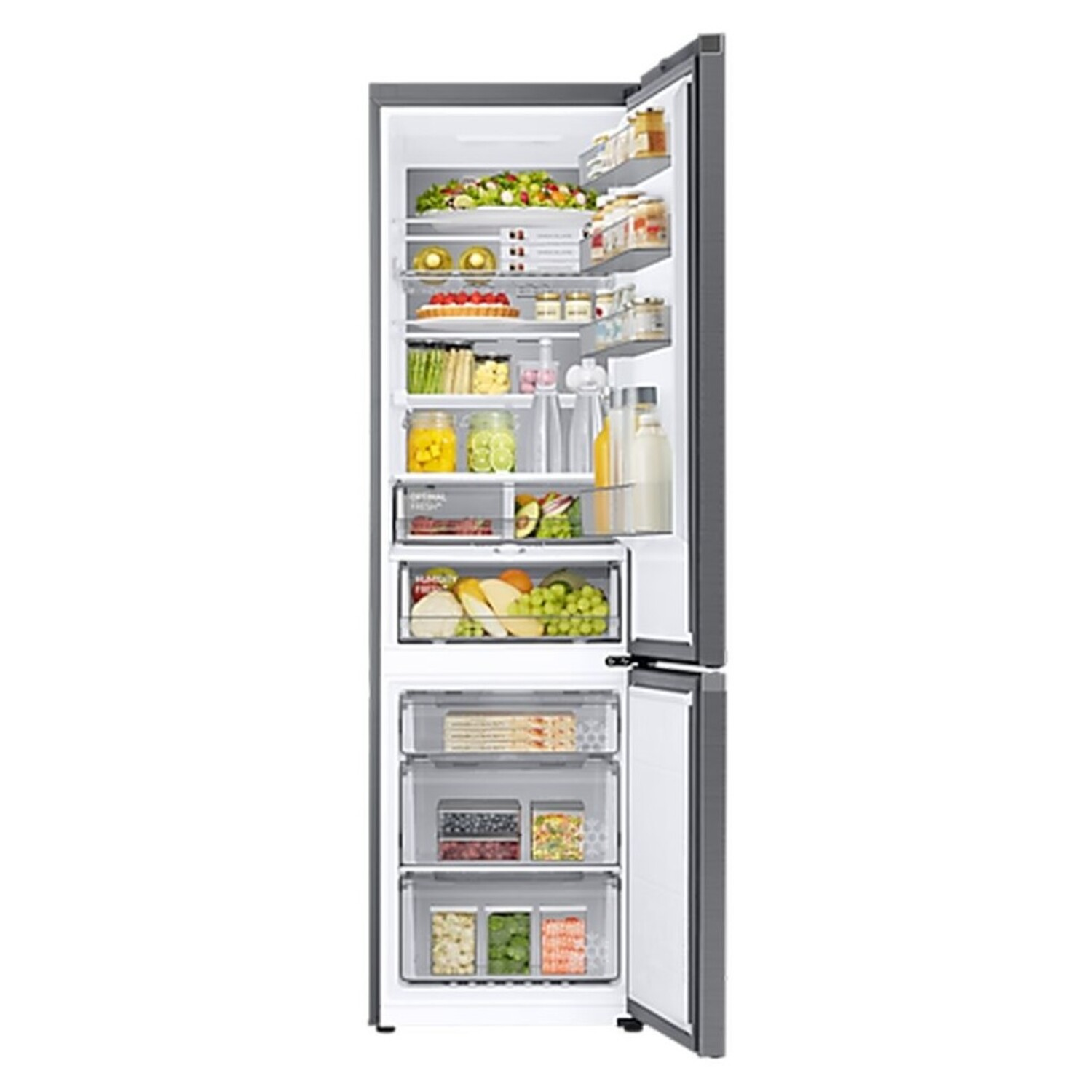Refrigerator with open doors. Inside filled with food items. Gray exterior.