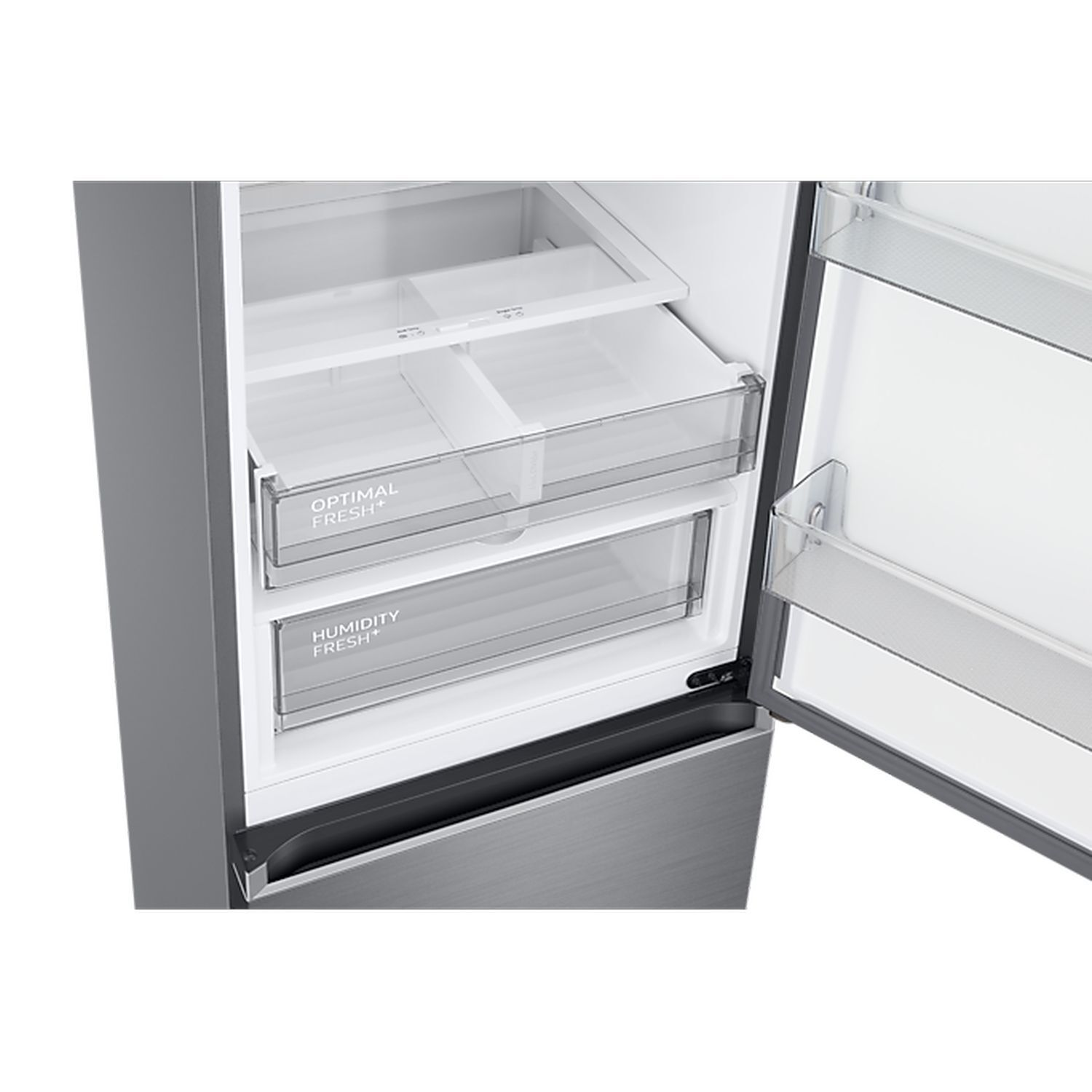 Close-up of a refrigerator. The door is open, showing the interior with drawers labeled 'Optimal Fresh+' and 'Humidity Fresh'.