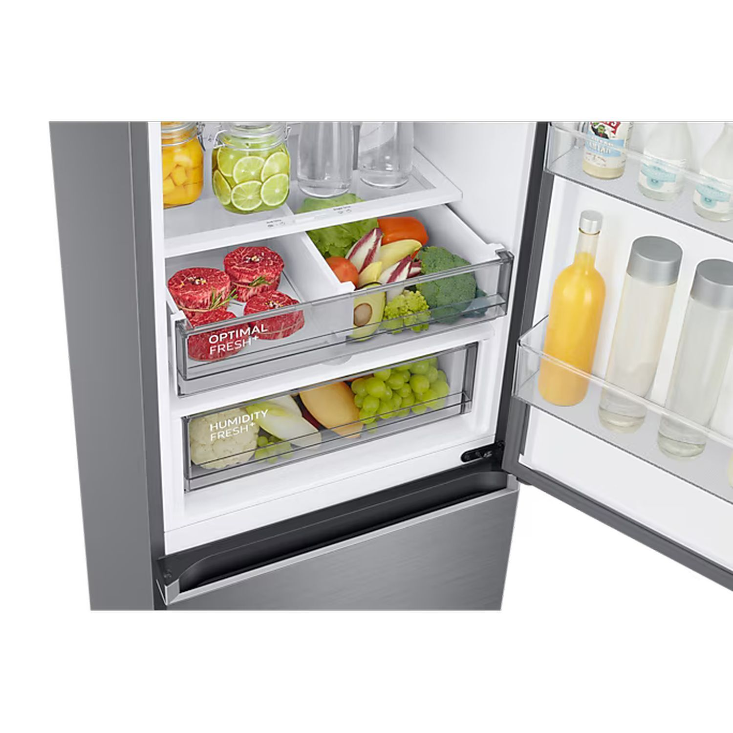A refrigerator interior with open drawers. Produce such as meat, fruits, and vegetables are visible.