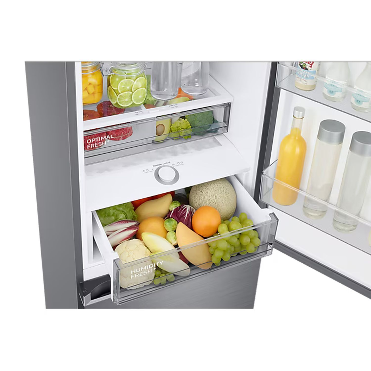 Open refrigerator with fresh vegetables and fruits in drawers, along with drinks.