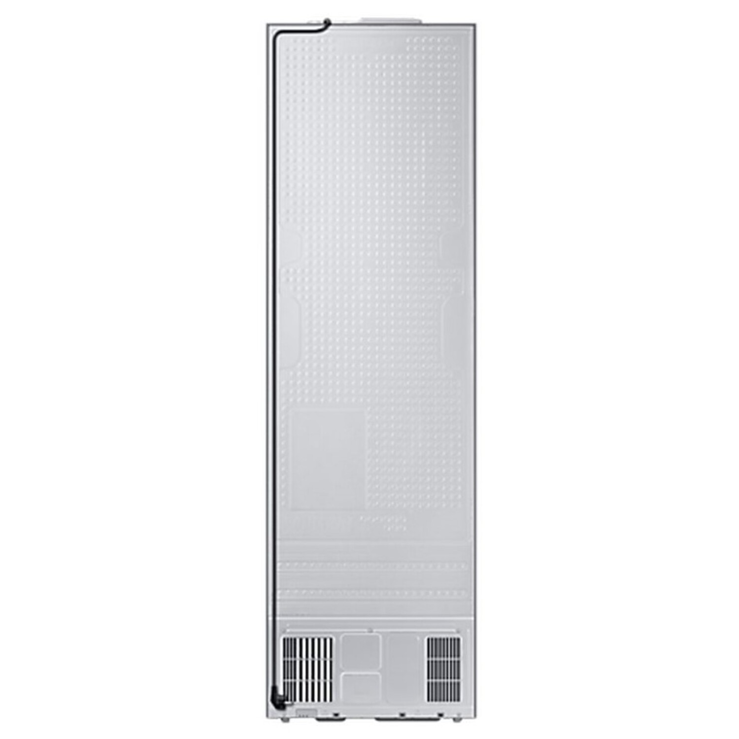 Back of a white refrigerator, with a textured surface and vents.