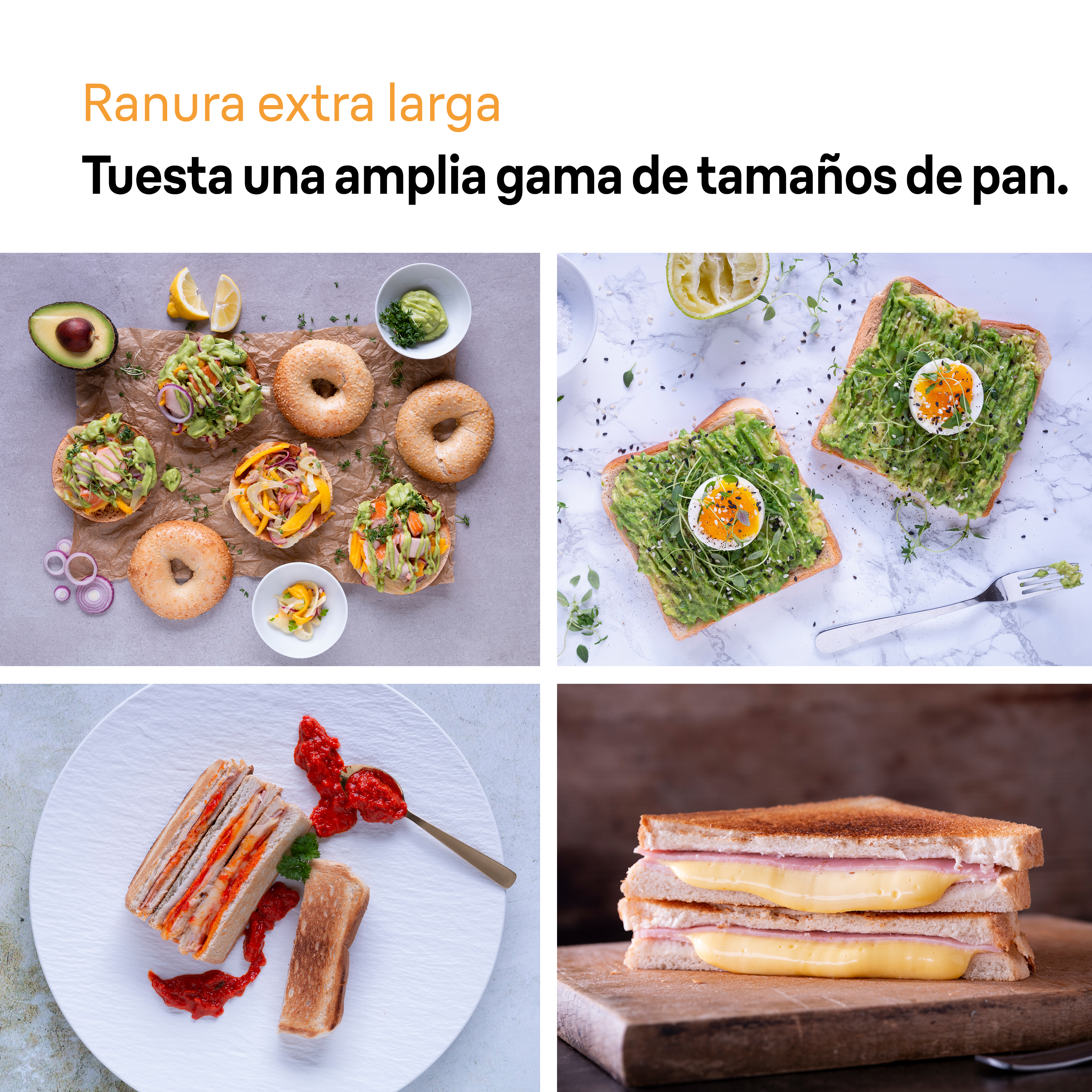 Cuatro fotos de pan tostado con varios ingredientes: aguacate, bagel con ingredientes y sándwiches.