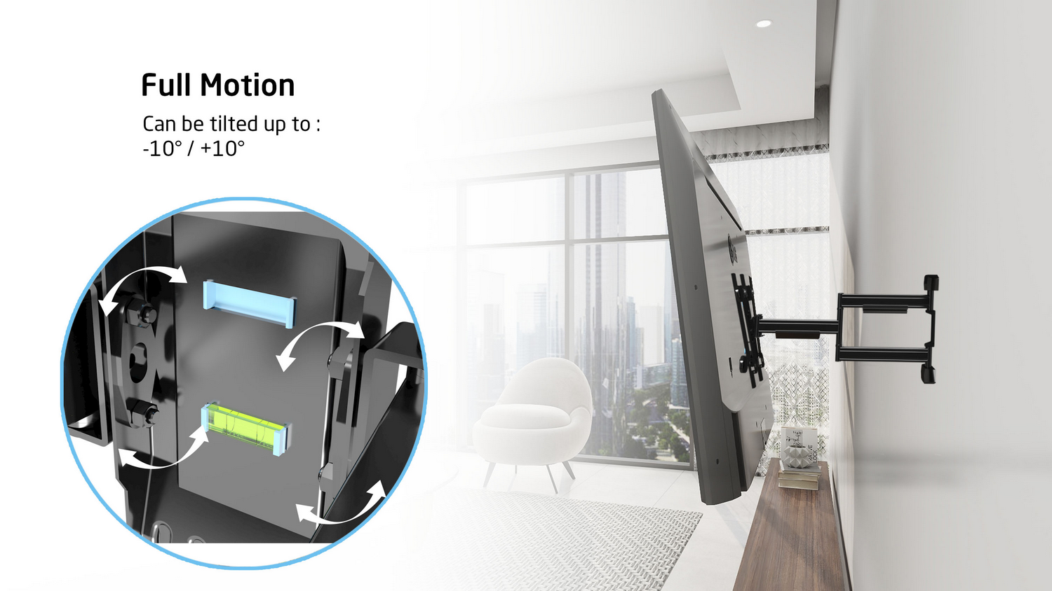 Un televisor montado en un soporte de pared. El diagrama muestra las opciones de inclinación: -10 a +10 grados.
