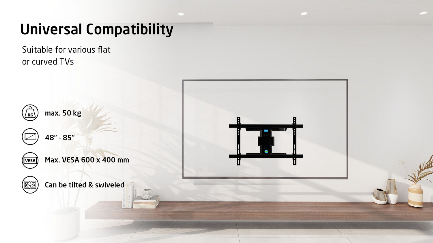 Un televisor en un soporte de pared, con texto sobre compatibilidad universal y especificaciones técnicas.
