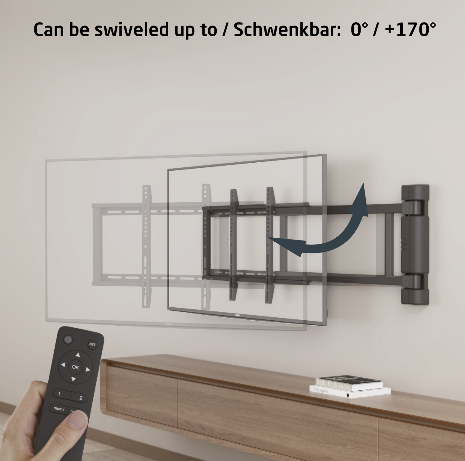 Soporte de TV montado en la pared girando. Un mando a distancia en primer plano y texto: puede girar hasta.