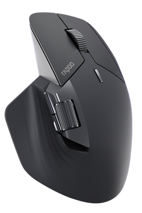 Un ratón ergonómico negro con dos ruedas de desplazamiento y un logotipo de rapoo en el lateral.