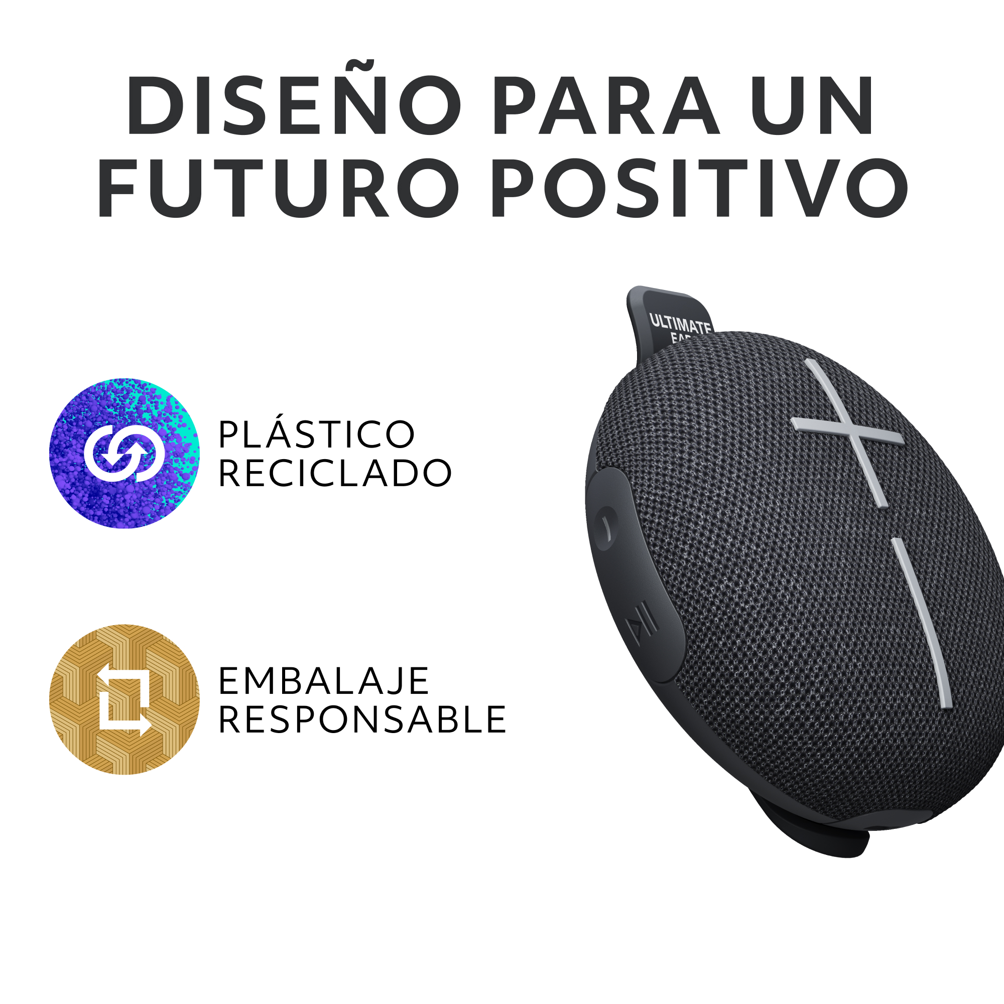 Altavoz negro con cruz blanca, iconos de reciclaje y embalaje responsable.