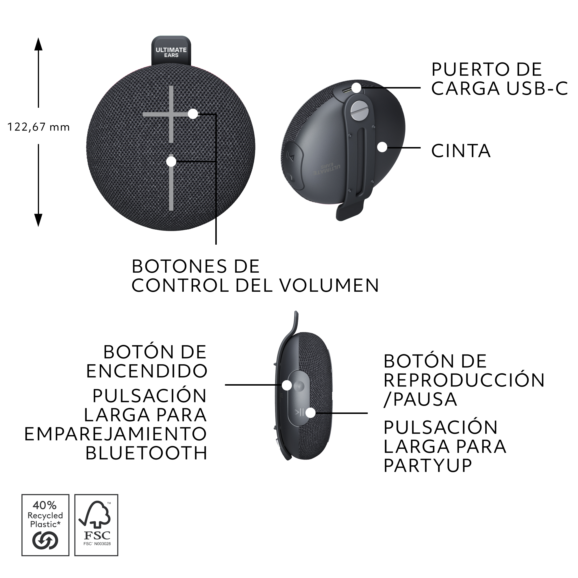 Altavoz portátil Ultimate Ears. Negro, redondo, con controles de volumen y Bluetooth.