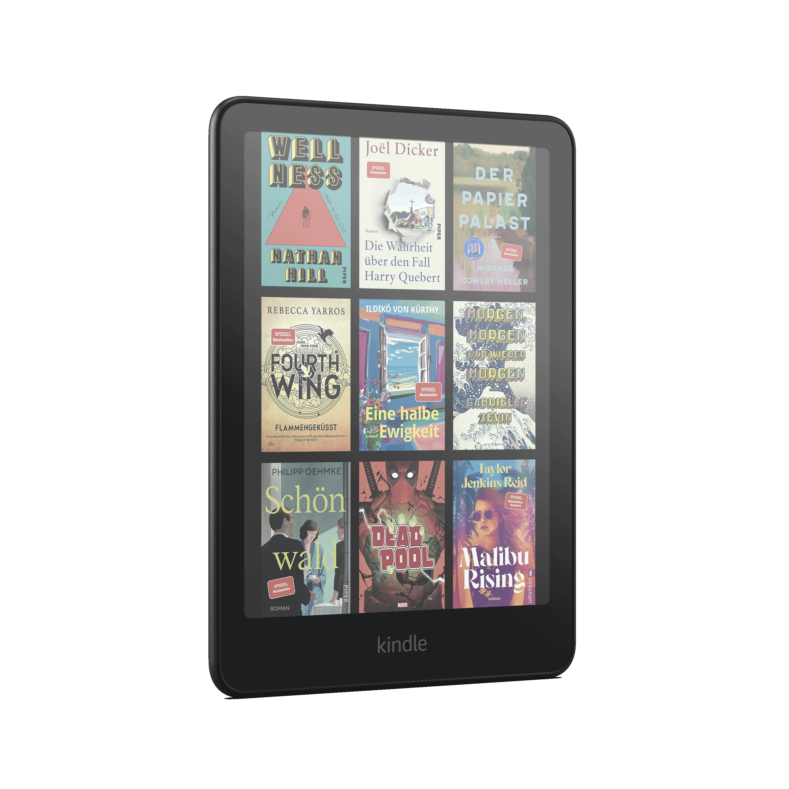 Ein schwarzer Kindle-E-Reader zeigt mehrere Buchcover vor weißem Hintergrund. Der Kindle ist angewinkelt.