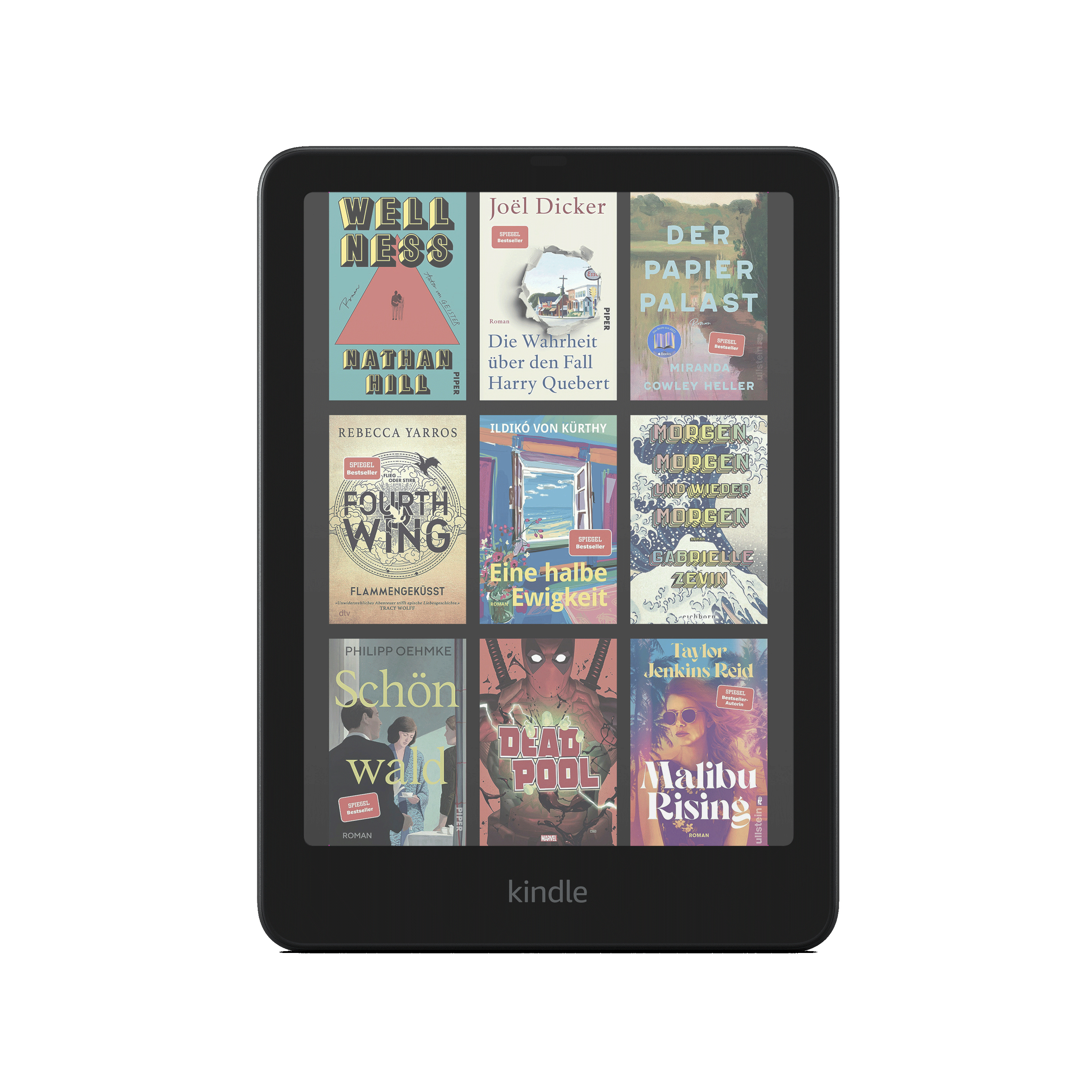 Kindle mit mehreren Buchcovern auf dem Bildschirm.