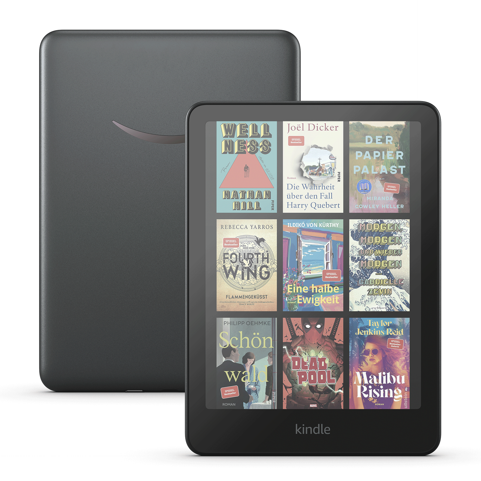 Schwarzer Kindle-E-Reader mit angezeigten Büchern. Schwarzer Hintergrund.