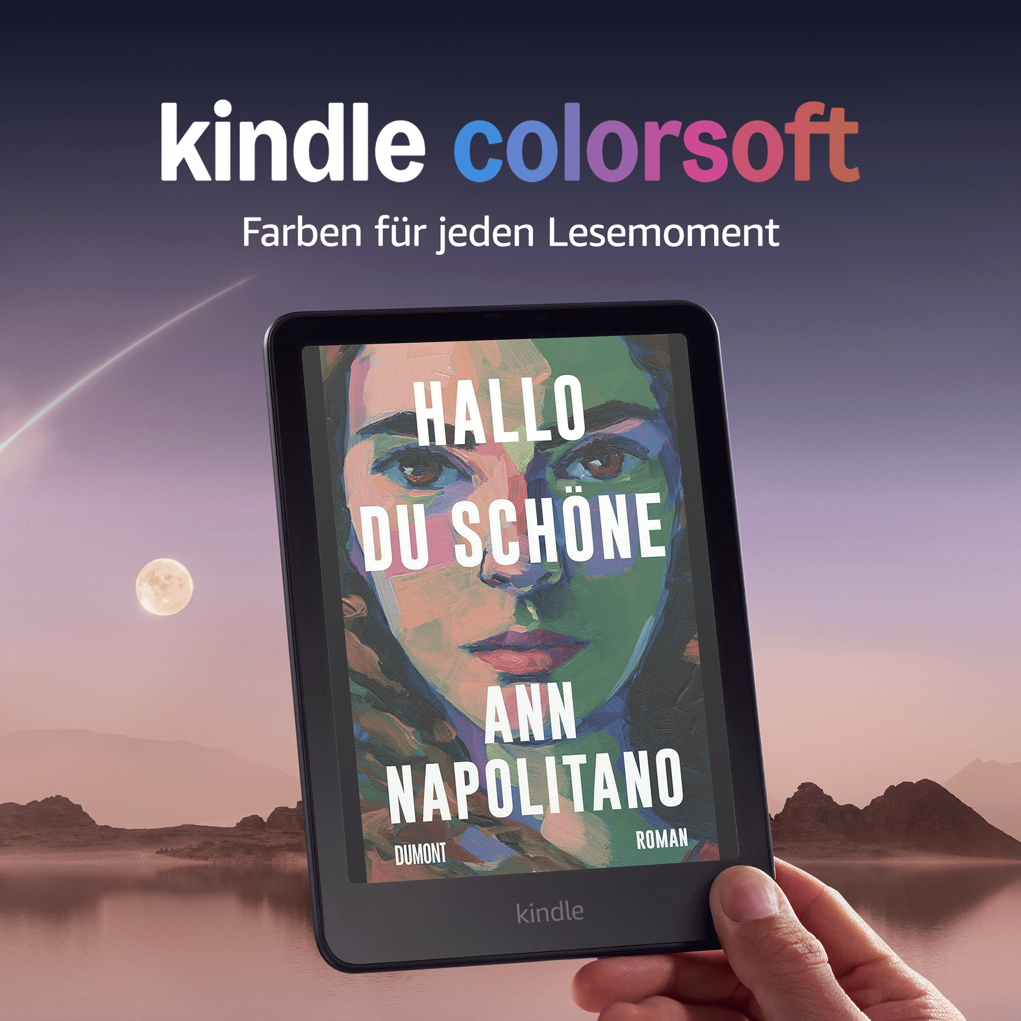 Kindle mit Buchcover. Text auf dem Bildschirm, Hand hält das Gerät. Colorsoft-Branding.