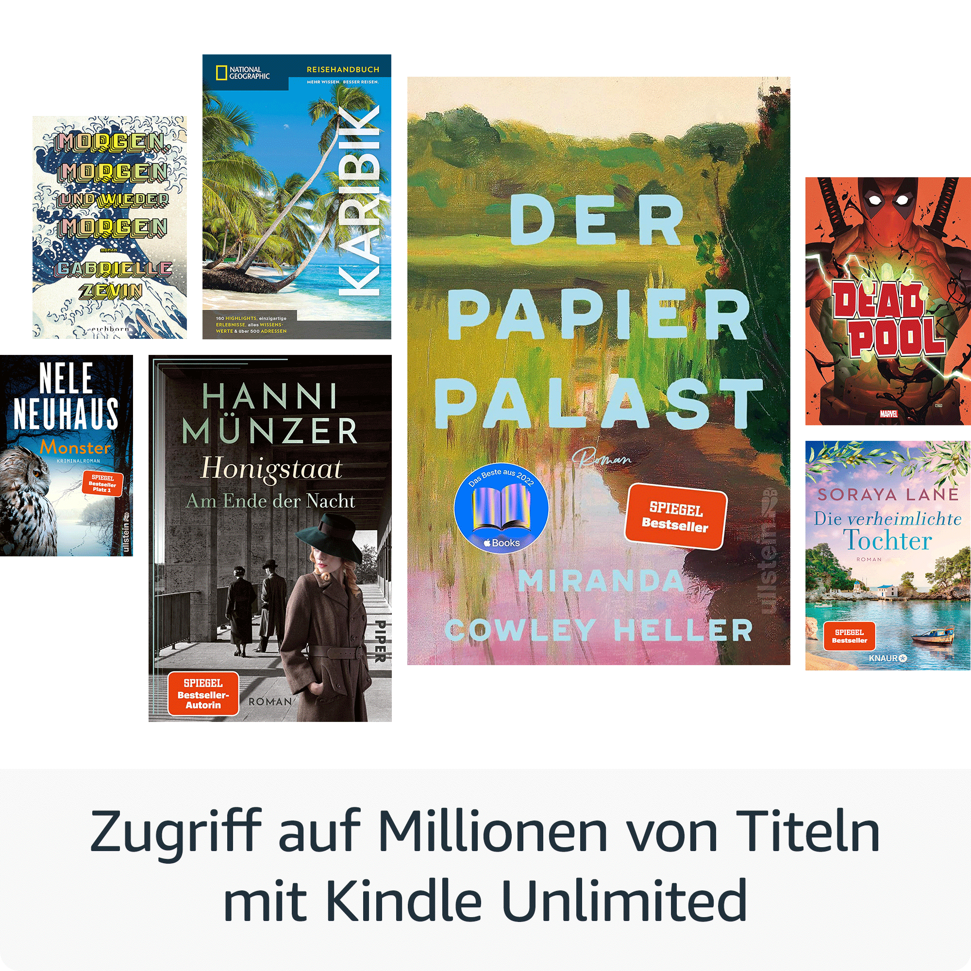 Sammlung von Buchumschlägen: Reise, Romane und Comic, zur Anzeige angeordnet.