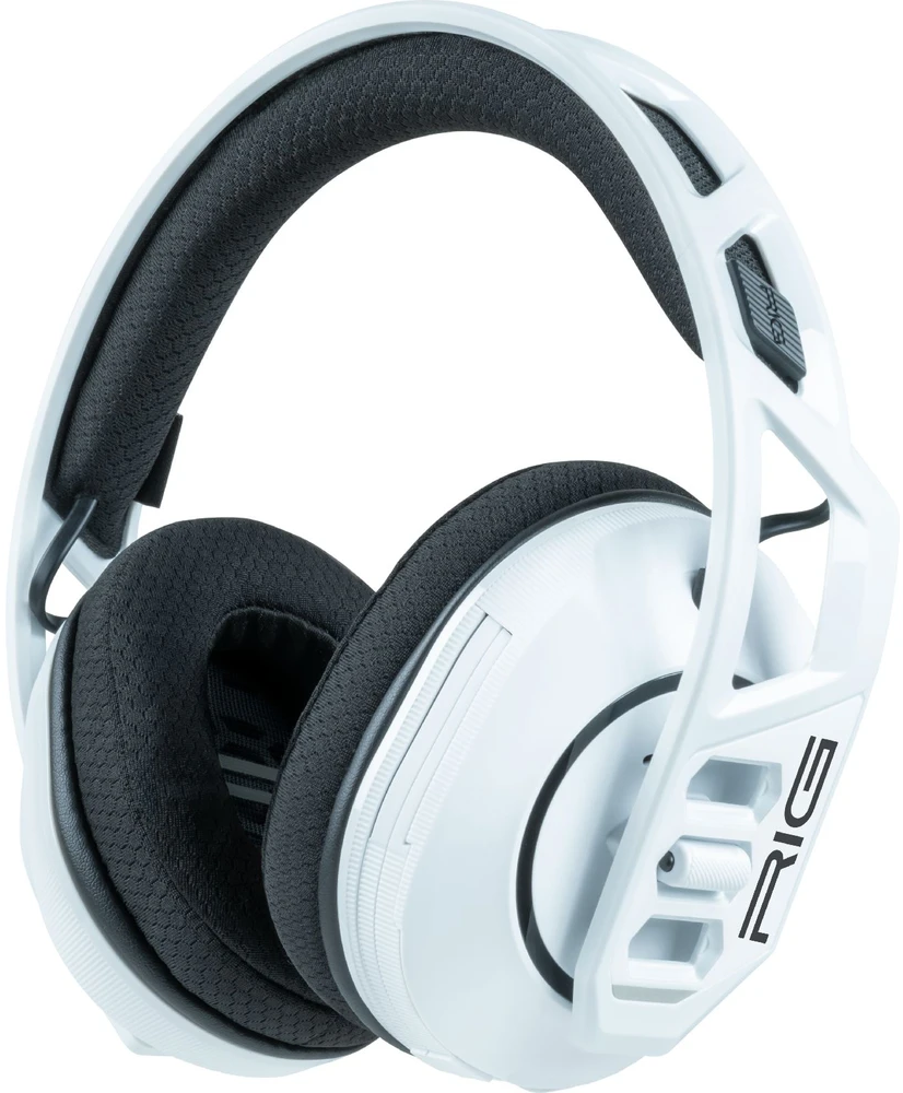 Fehér gamer headset fekete fülpárnákkal és párnázással, fehér háttérben.