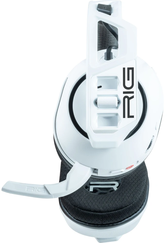 Fehér gamer fejhallgató mikrofonnal. A RIG logó látható.