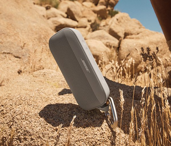 Szary głośnik Bose na skale, z pustynnym tłem i suchą trawą.