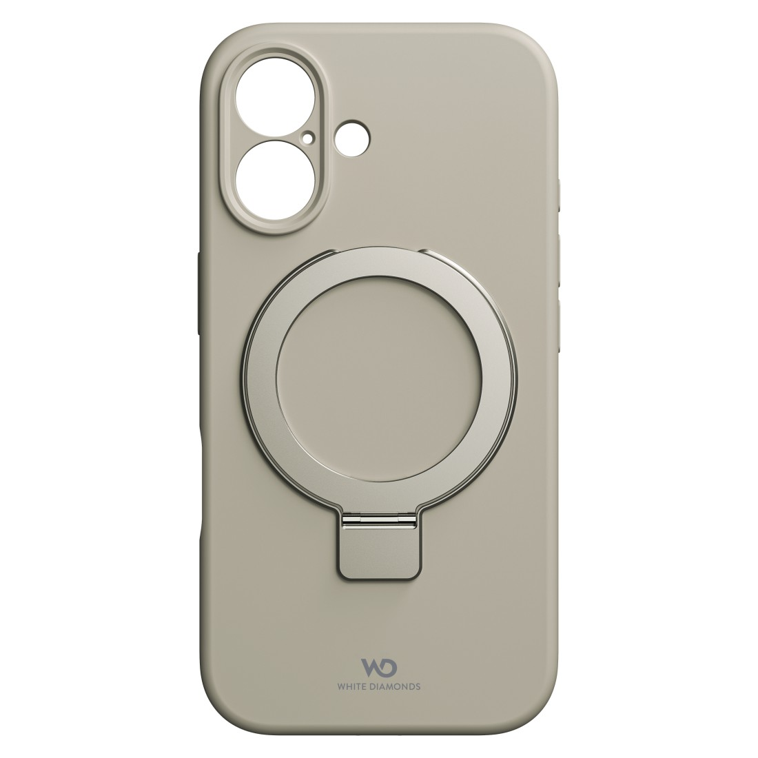Telefonhülle, hellbeige mit einem silbernen Ring und einem weißen Diamant-Logo.