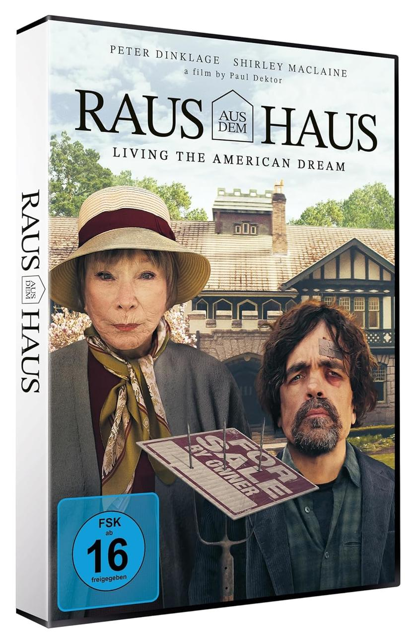 DVD-Box-Set mit dem Titel 'Raus aus dem Haus'. Enthält die Schauspieler Peter Dinklage und Shirley MacLaine auf dem Cover.