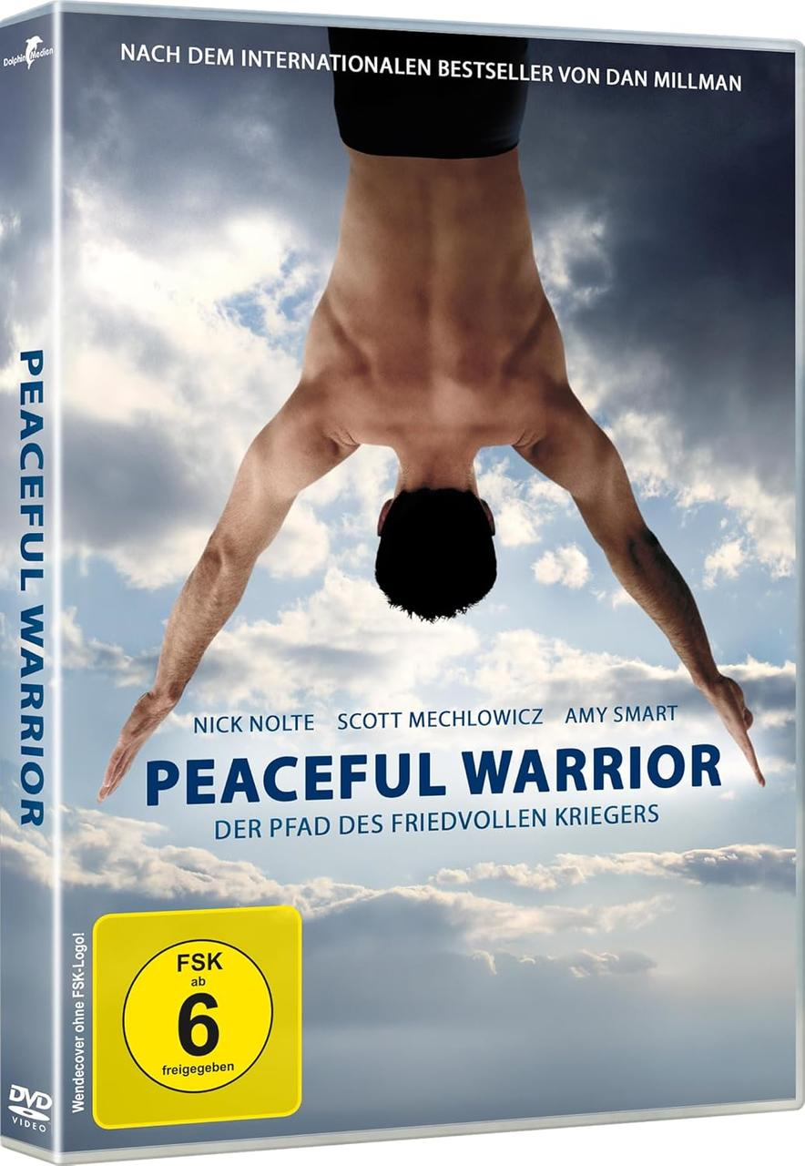 DVD-Cover des Films 'Peaceful Warrior' mit einem Mann in der Luft, bewölkter Hintergrund.