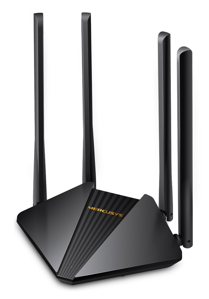Czarny router Mercusys z czterema antenami, wyizolowany na białym tle, widok z przodu.