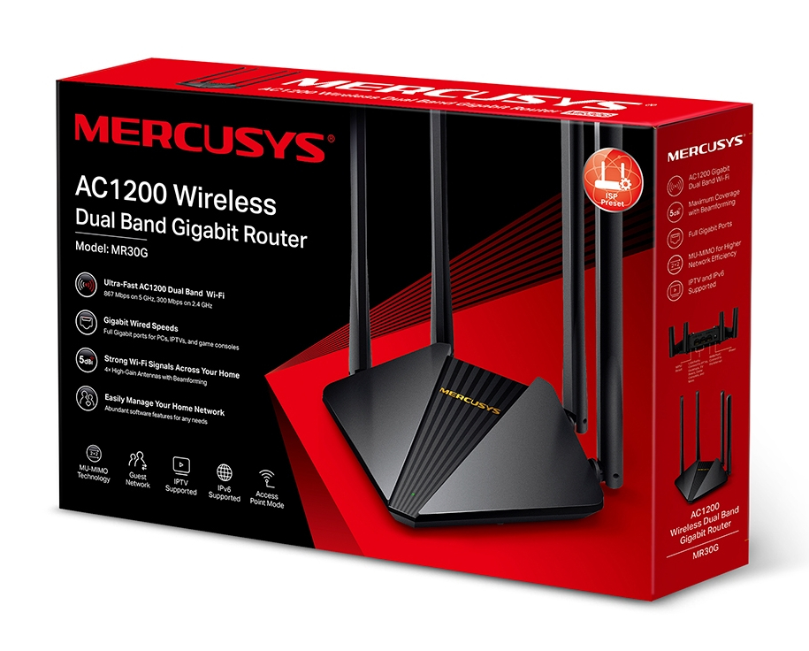 Router bezprzewodowy w pudełku, czerwono-czarny design, anteny.