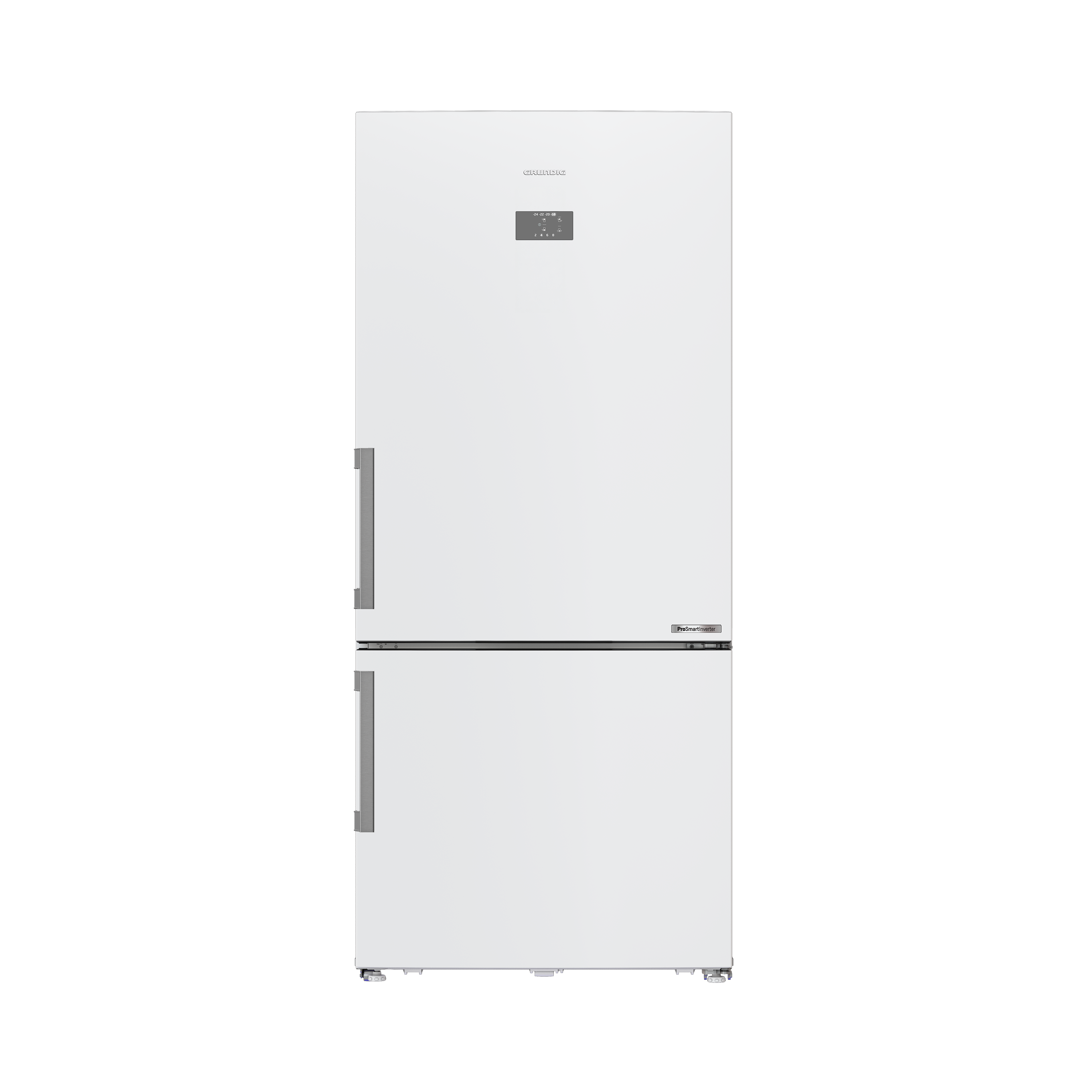 İki kapılı beyaz bir buzdolabı. Dijital bir ekranı var. Arka plan siyah.