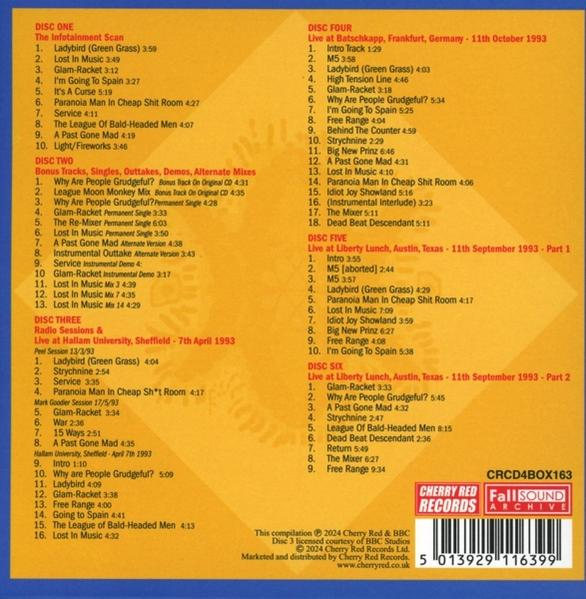 CD-Cover mit Songlisten für sechs CDs, aufgeteilt nach Titeln und Laufzeiten.