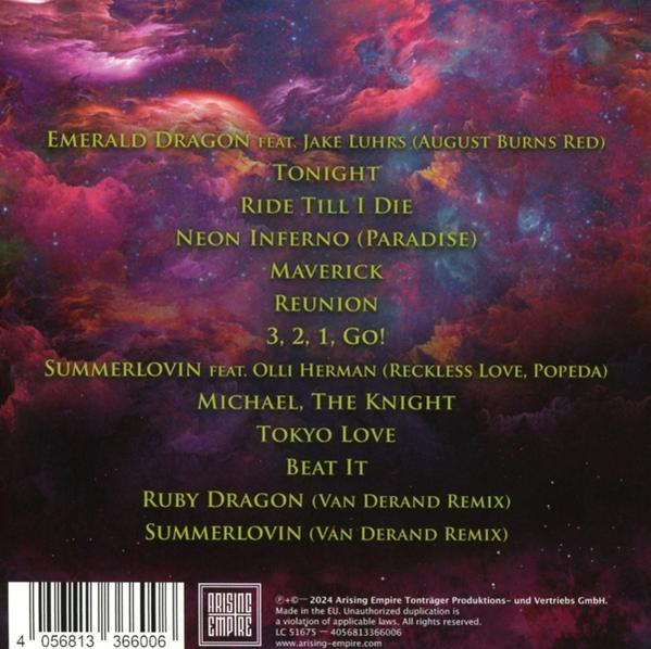 Albumcover mit Songtiteln und Künstlernamen in einem lila-roten, raumähnlichen Design.