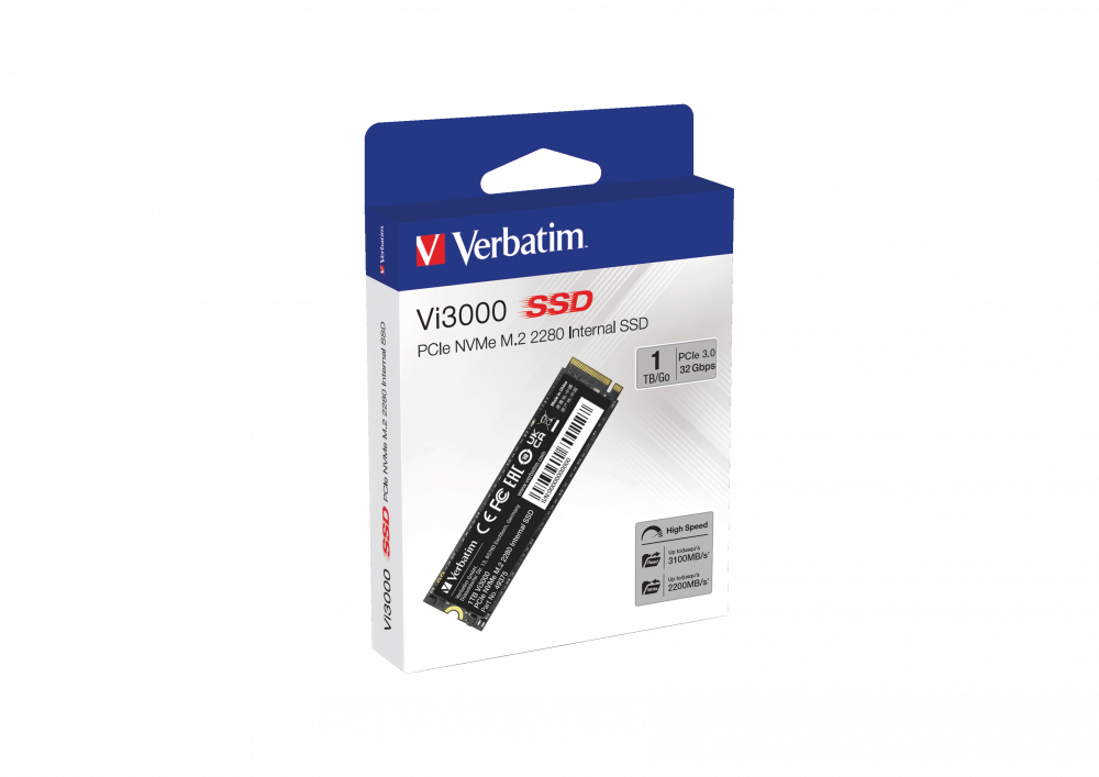 Verbatim VI3000 SSD kutusu. Metin ve kutunun içindeki bir sürücü ile siyah ve mavi renk düzeni.