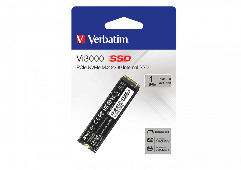 Verbatim Vi3000 SSD paketi, önemli detaylar ve yüksek hızlı veri aktarım etiketiyle.