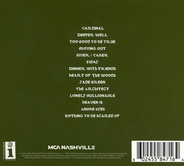 Rückseite einer CD mit Songtiteln wie 'Cardinal', 'Deeper Well' und 'Anime Eyes'.