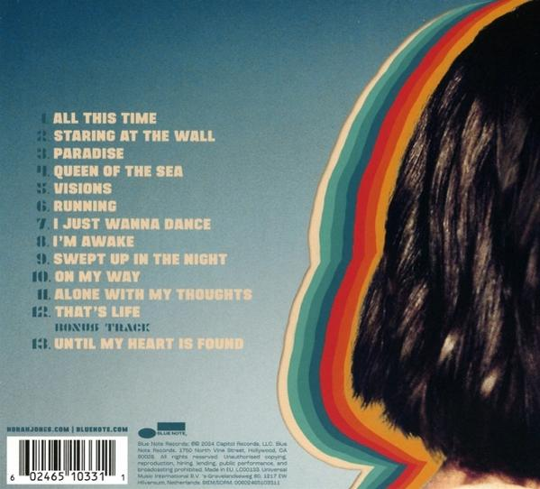 Albumcover mit Haaren einer Frau und Regenbogenstreifen, Songtitel angezeigt.