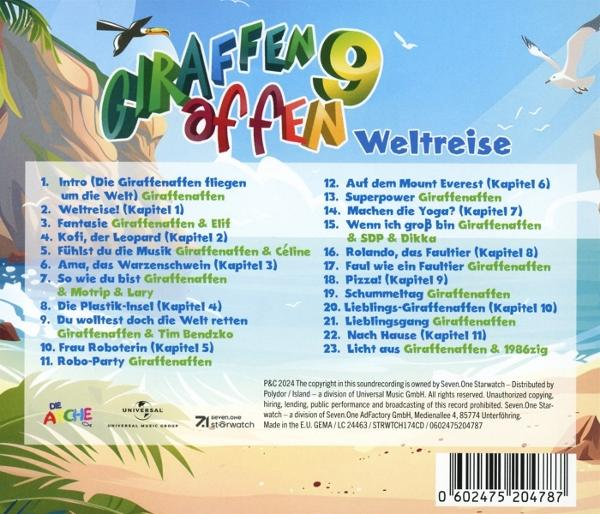 CD-Cover eines Kinderalbums. Bunte Illustrationen und Text. Titel: Giraffen 9.