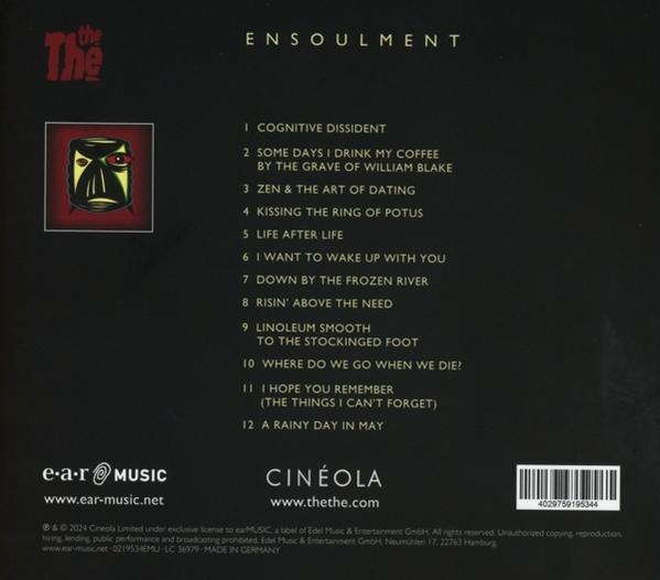 Die Rückseite einer CD-Hülle mit einer Liste der Songs und Credits. Das Album trägt den Titel 'Ensoulment'.