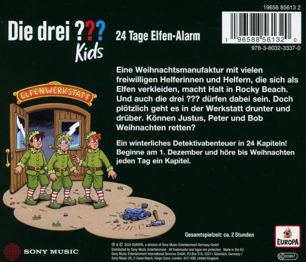 Rückseite einer CD-Hülle. Bunte Bilder von drei Elfen, Text auf Deutsch.