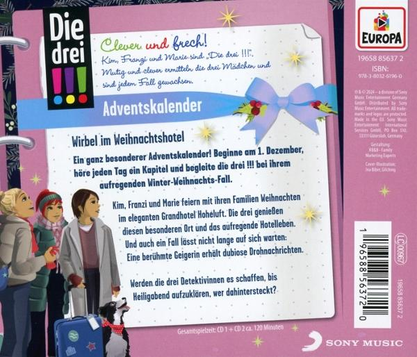 Rückseite einer deutschen DVD: Die drei ??? Adventskalender. Zeigt Illustrationen und Text.