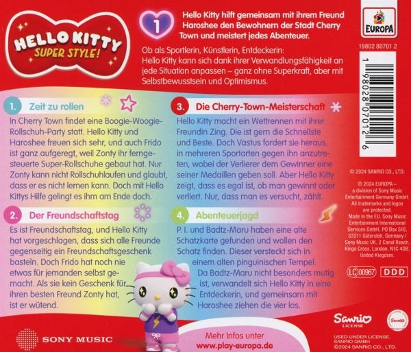 Rückseite eines Hello Kitty-Bucheinbands mit japanischem Text und einem Bild von Hello Kitty.