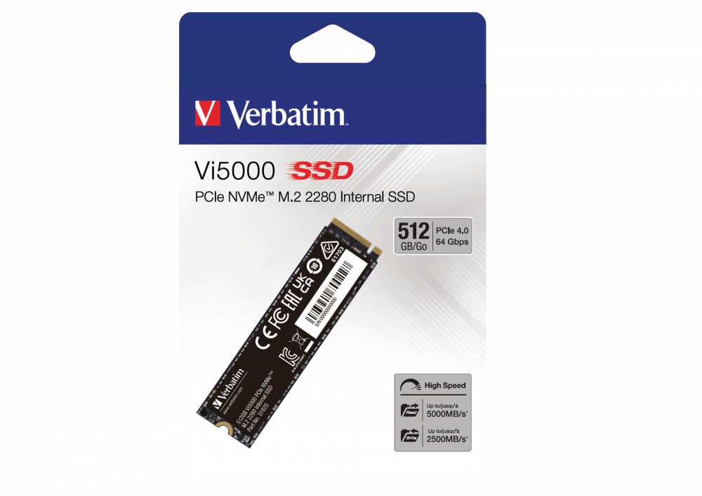 Verbatim Vi5000 SSD paketi, mavi ve siyah. SSD ve teknik özellikler görünür.