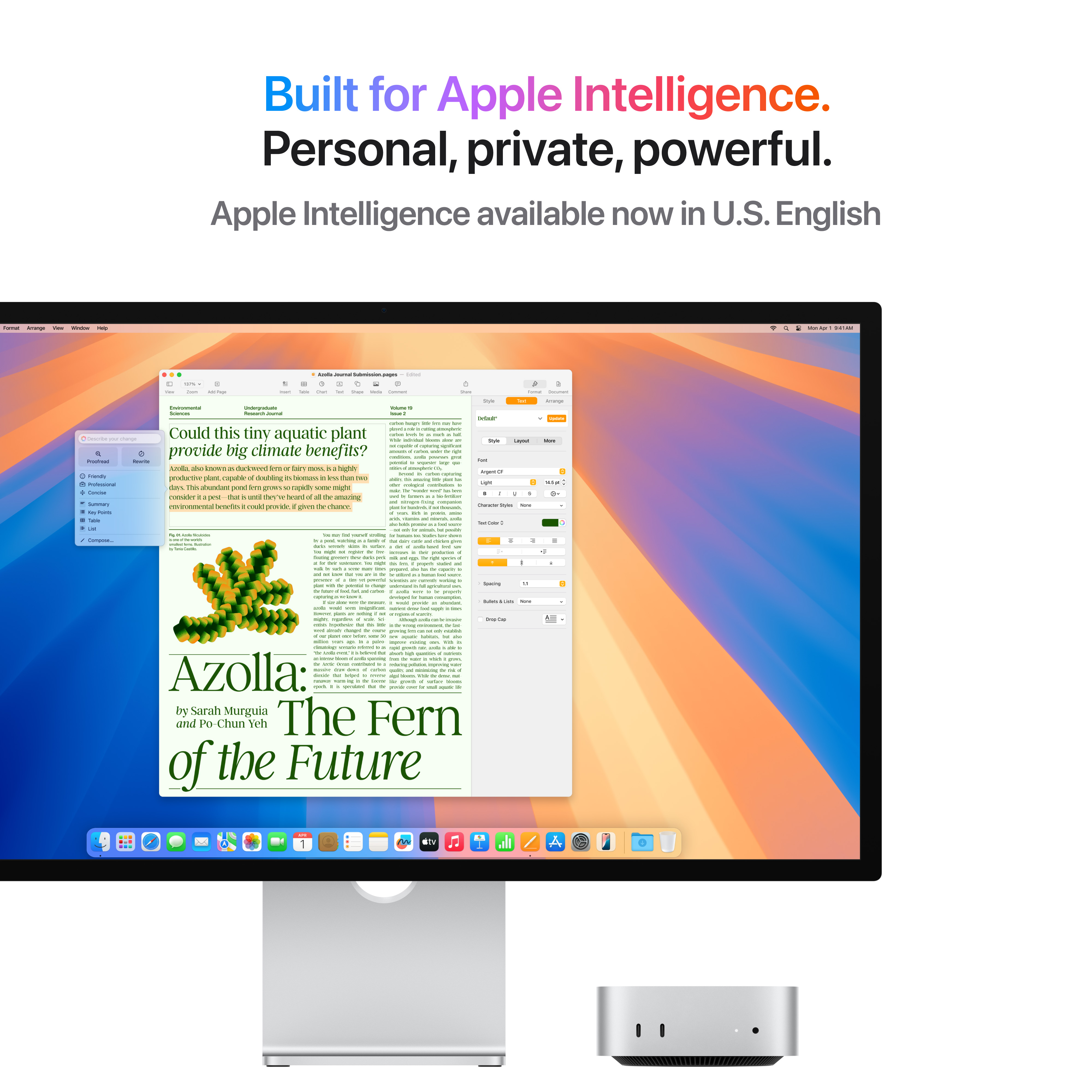 Un display del computer mostra un documento con testo e un Mac Mini e Studio sul tavolo.