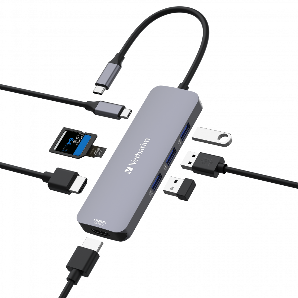 Birden fazla bağlı cihazı olan gri bir hub: USB, SD kart ve çeşitli kablolar.
