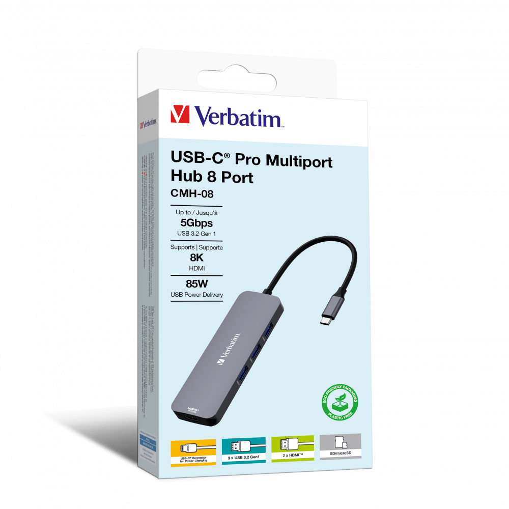 Verbatim USB-C Pro çoklu bağlantı noktası hub kutusu, beyaz ve gri, 8 bağlantı noktası.