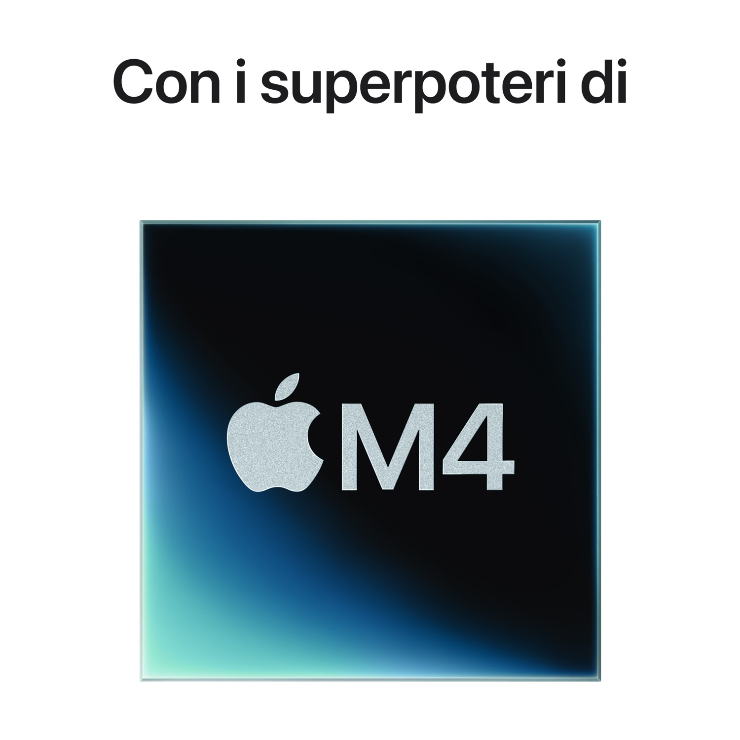 Un chip Apple M4 con il logo Apple e la scritta "M4" su uno sfondo sfumato blu e nero.