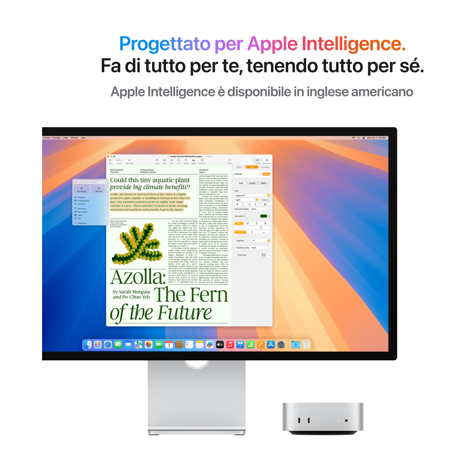 Configurazione computer Apple con monitor, computer e testo sovrapposto.