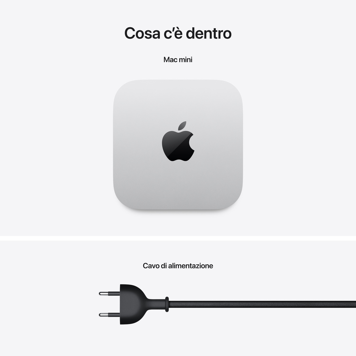 Dispositivo Mac mini con logo Apple e cavo di alimentazione. Sfondo bianco.