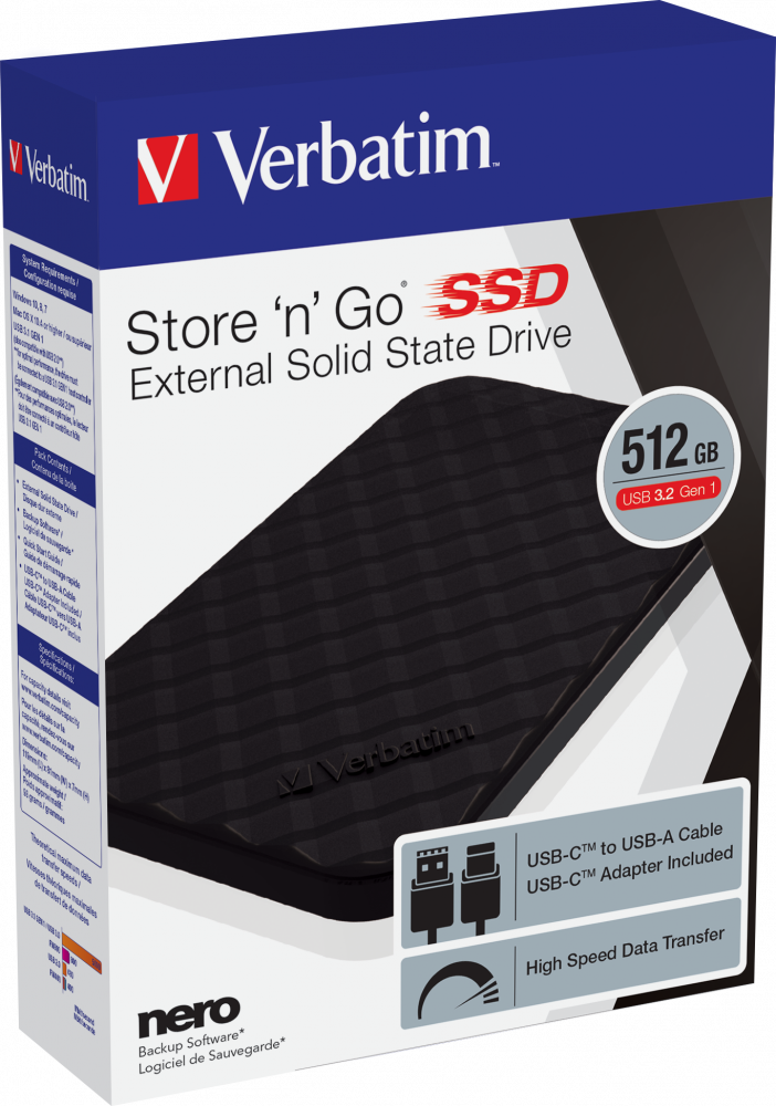 Verbatim Store 'n' Go harici SSD kutusu. Ön tarafta siyah SSD. Metin ve logolar görünür.
